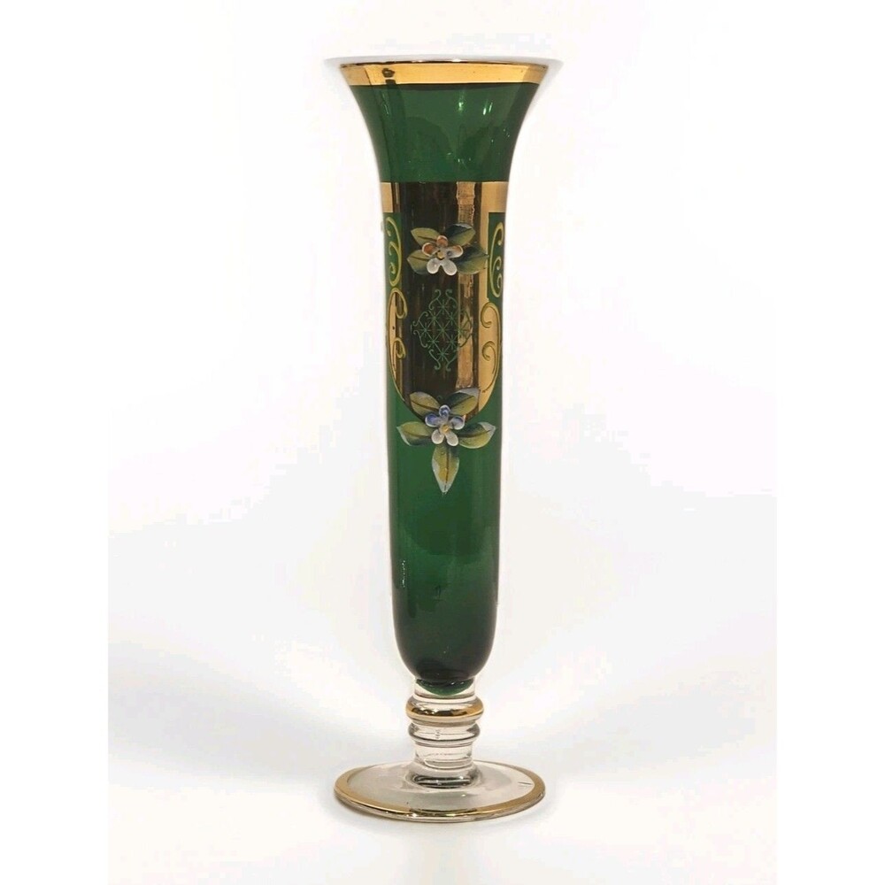 Emerald Green Bohemian glass 8" Bud Vase gold trim /enamel flowers SEE PHOTOS